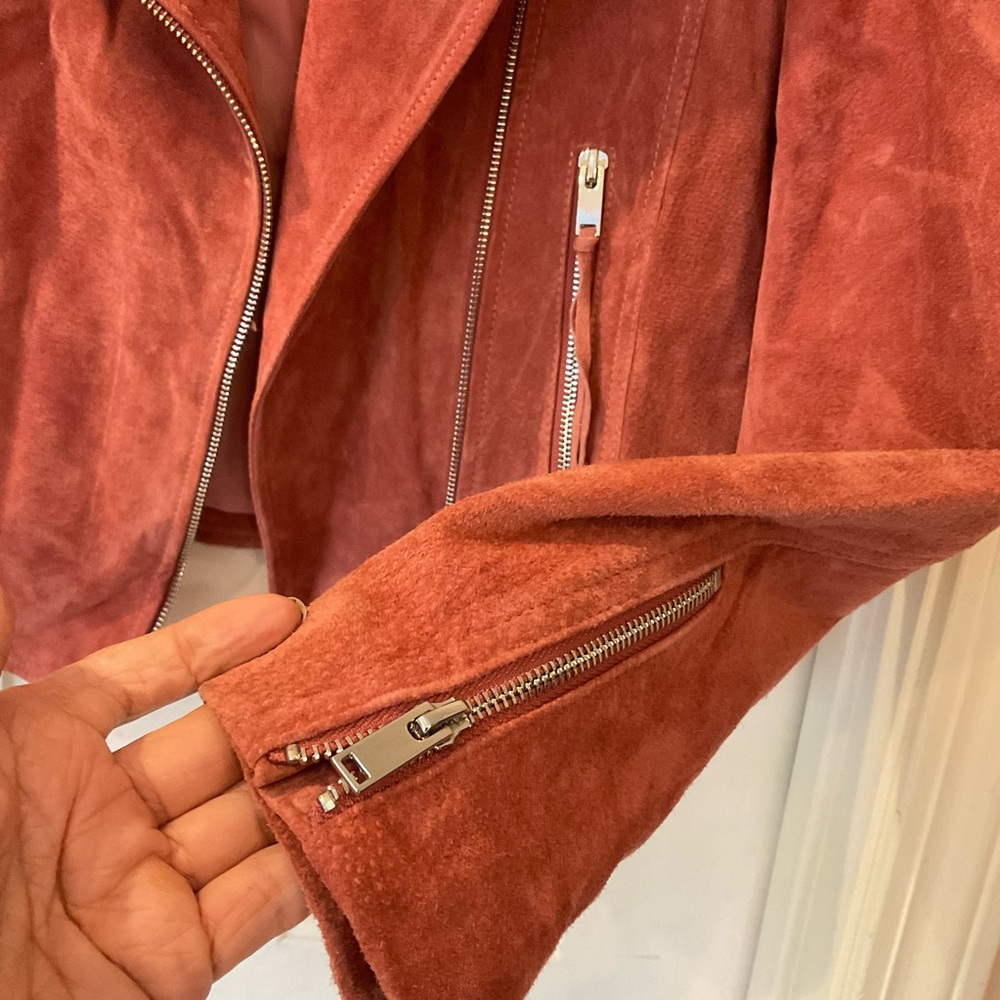 MNG Mango Leather biker fringed jacket with zipper detail, mauve color, Sz M - Picture 7 of 16